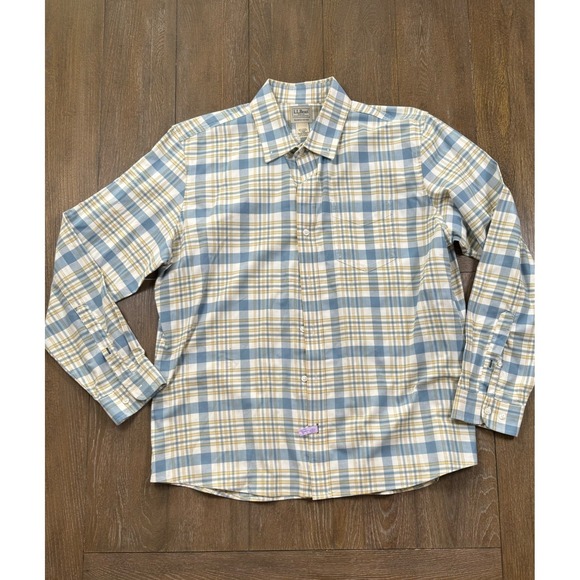 L.L. Bean Other - L.L.Bean Slightly Fitted Plaid Stretch Shirt Mens L Blue Yellow Long Sleeve 3241